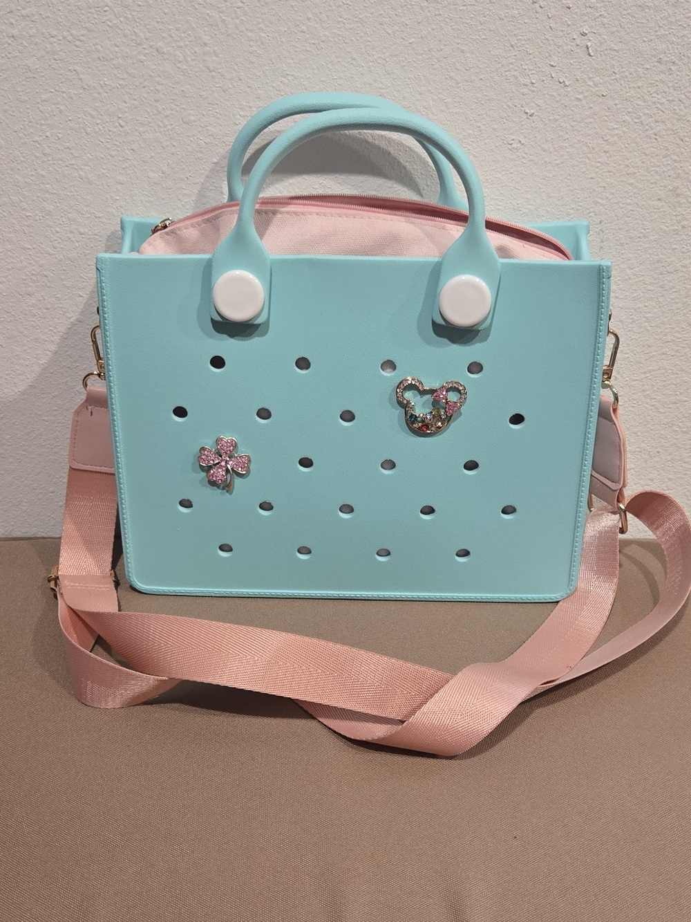 Aqua Tote Bag with Pink Pouch and Strap